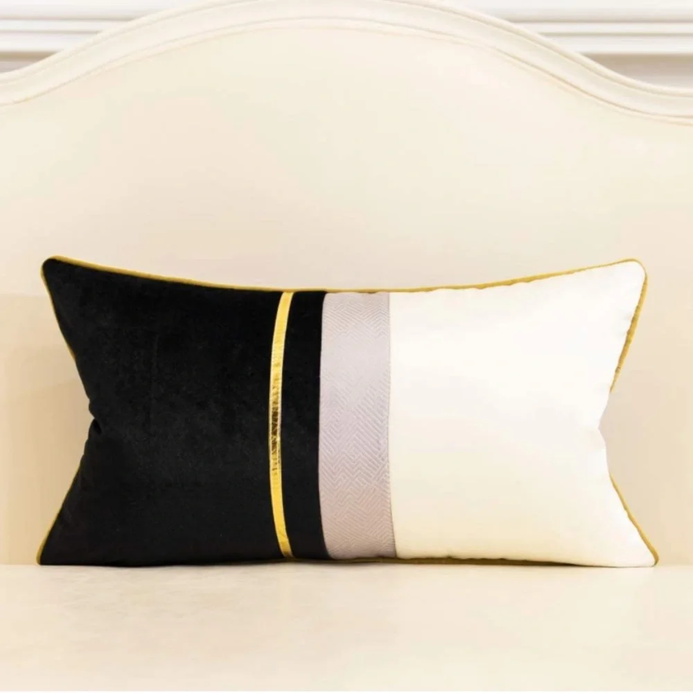 🎉HP Luxury Home | Elegant Black & Ivory Color Blocked Lumbar Throw Pillow Cover